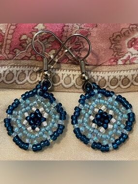 Handmade Miyuki Beaded Boho Mandala Earrings Aqua Blue Artisan Surgical Steel